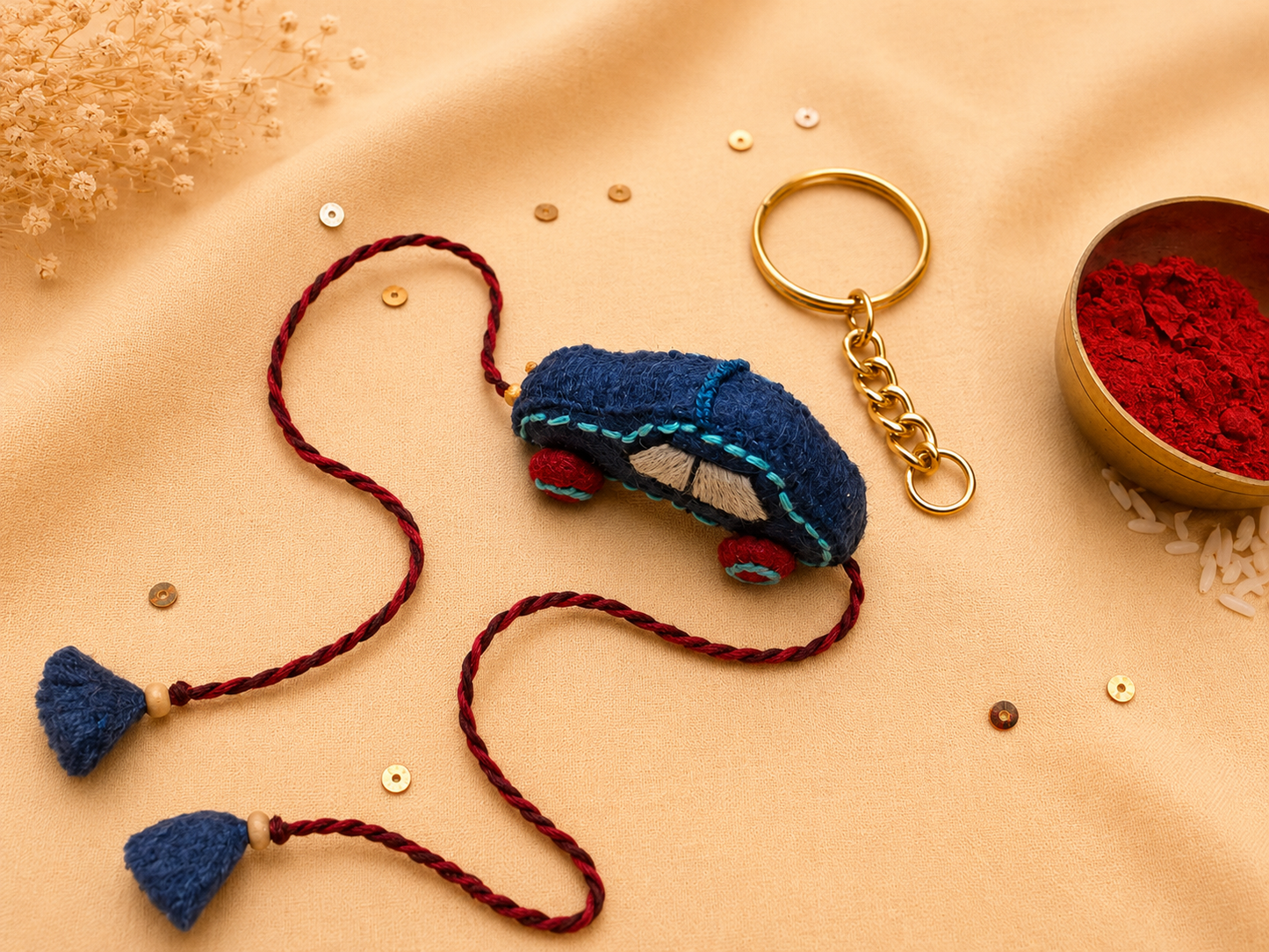 Hand embroidered Car Rakhi-Blue