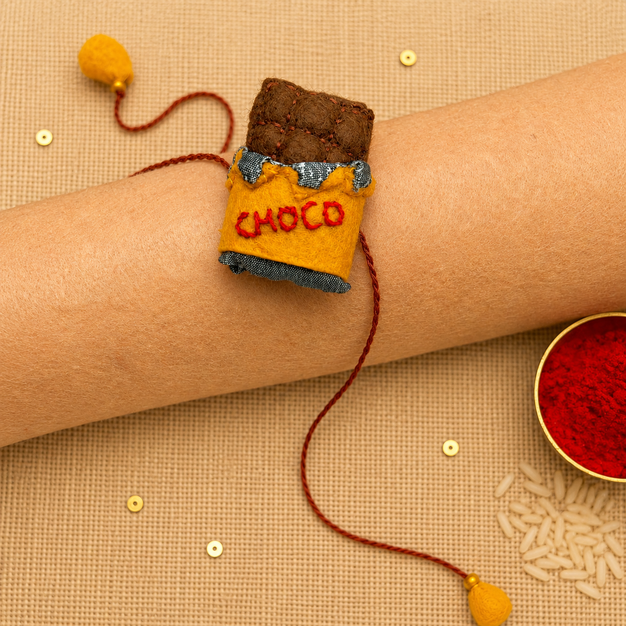 Hand embroidered Chocolate Rakhi- Yellow