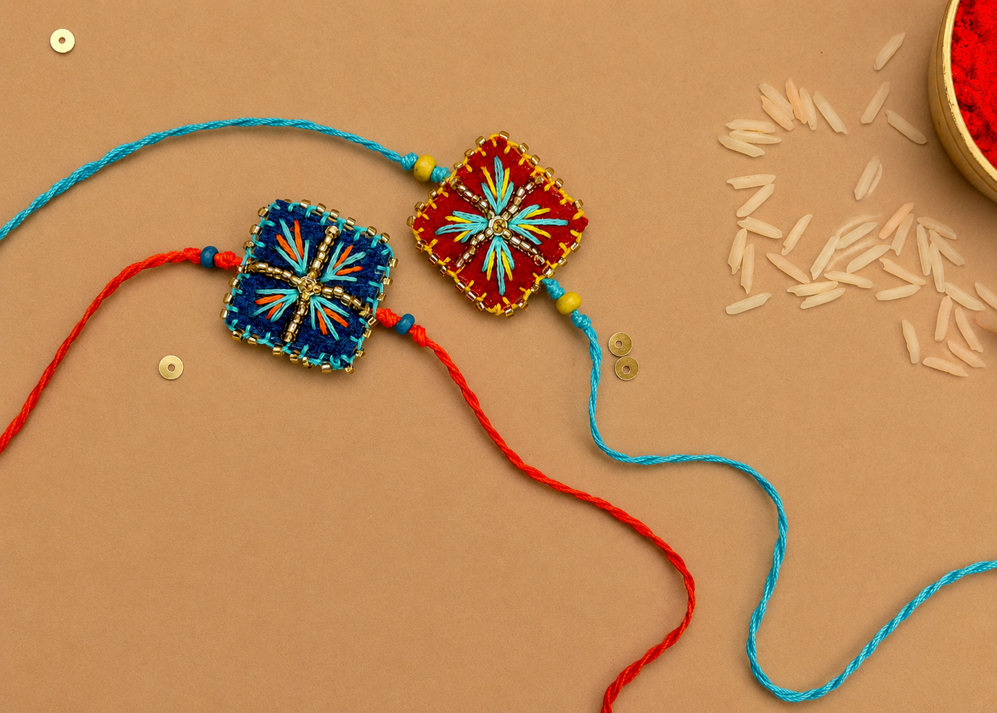 Hand embroidered Chowk Rakhi (Set of 2)- Blue-Red