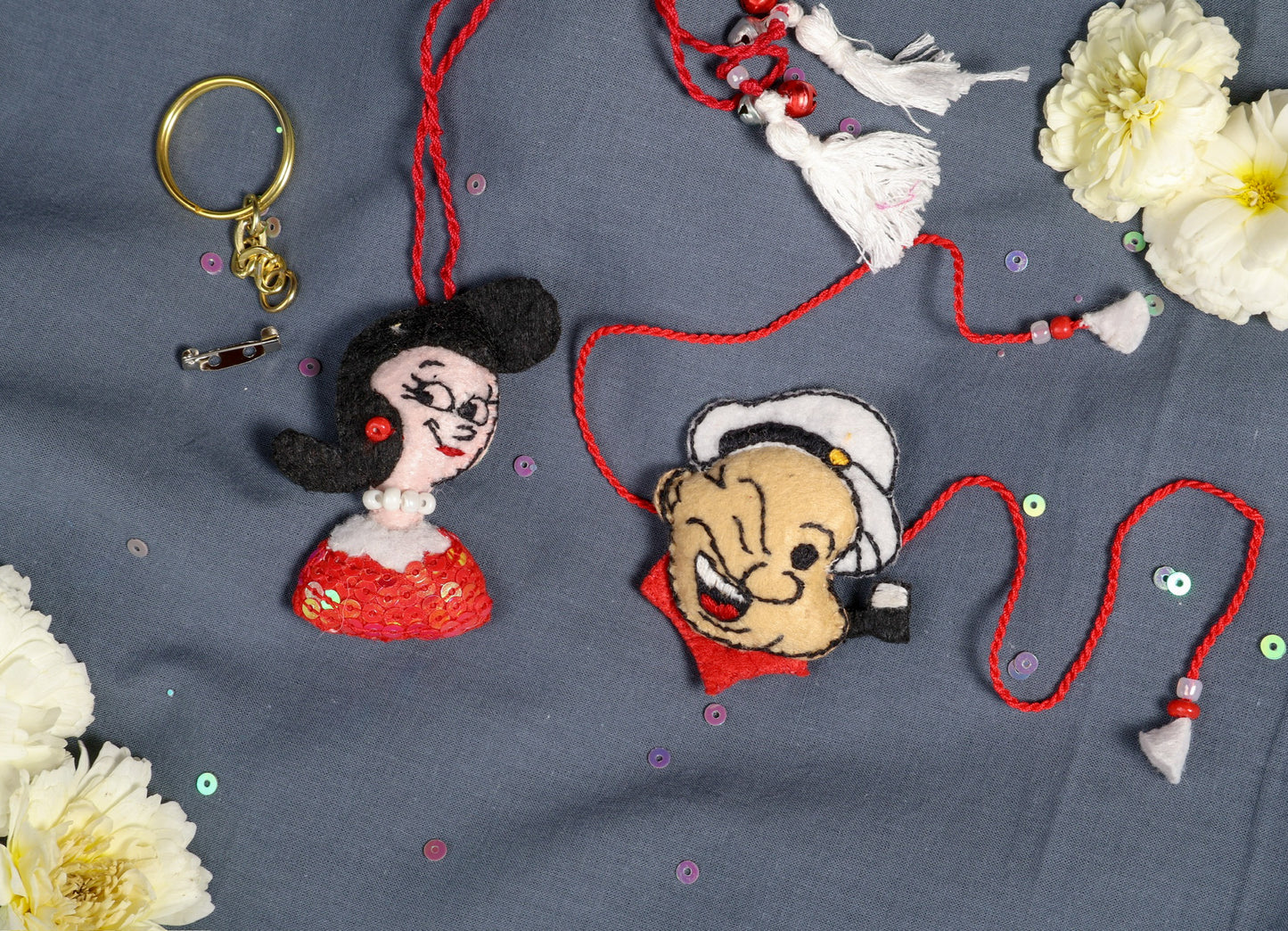 Hand embroidered Popeye and Olive Rakhi Lumba (Set of 2)