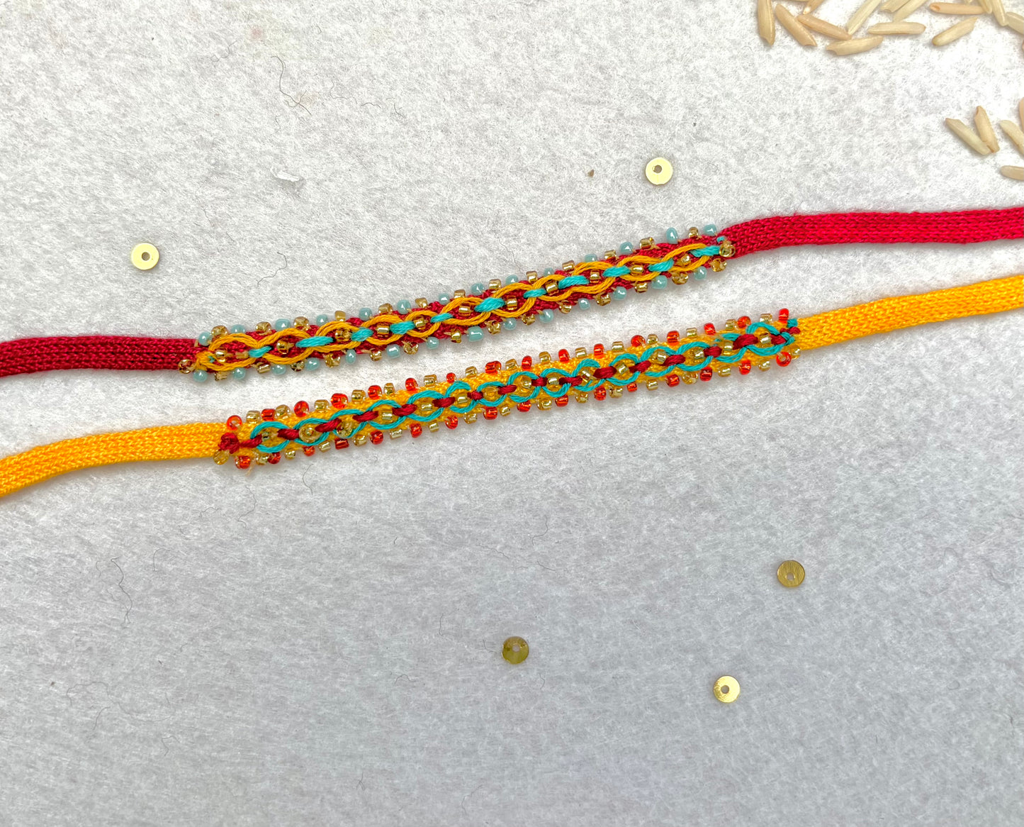Hand embroidered Double Leheriya Rakhi (Set of 2)- Yellow-Blue