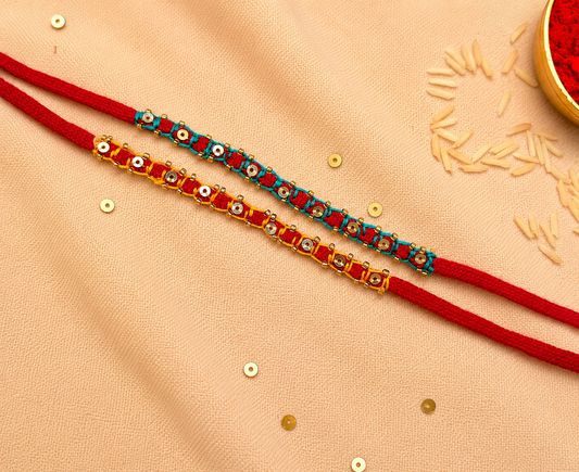 Hand embroidered Blanket Sequin Rakhi (Set of 2)- Turquoise-Yellow