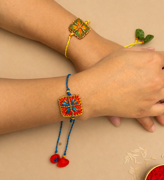 Hand embroidered Chowk Rakhi (Set of 2)- Green-Orange