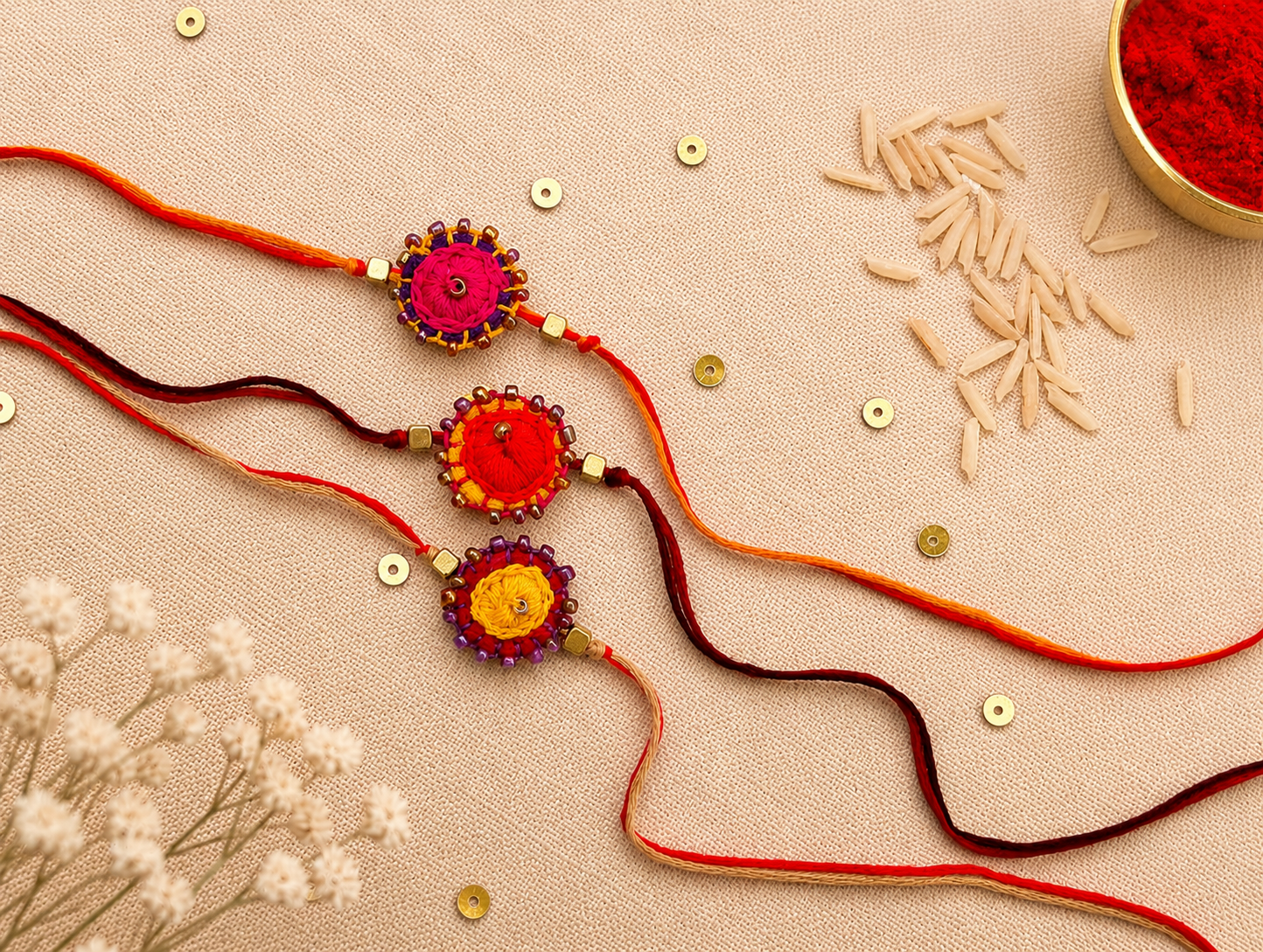 Hand embroidered Bindu Rakhi (Set of 3)