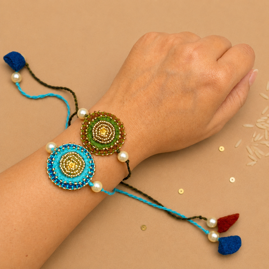 Hand embroidered Sitara Mandal Rakhi (Set of 2)- Blue-Green