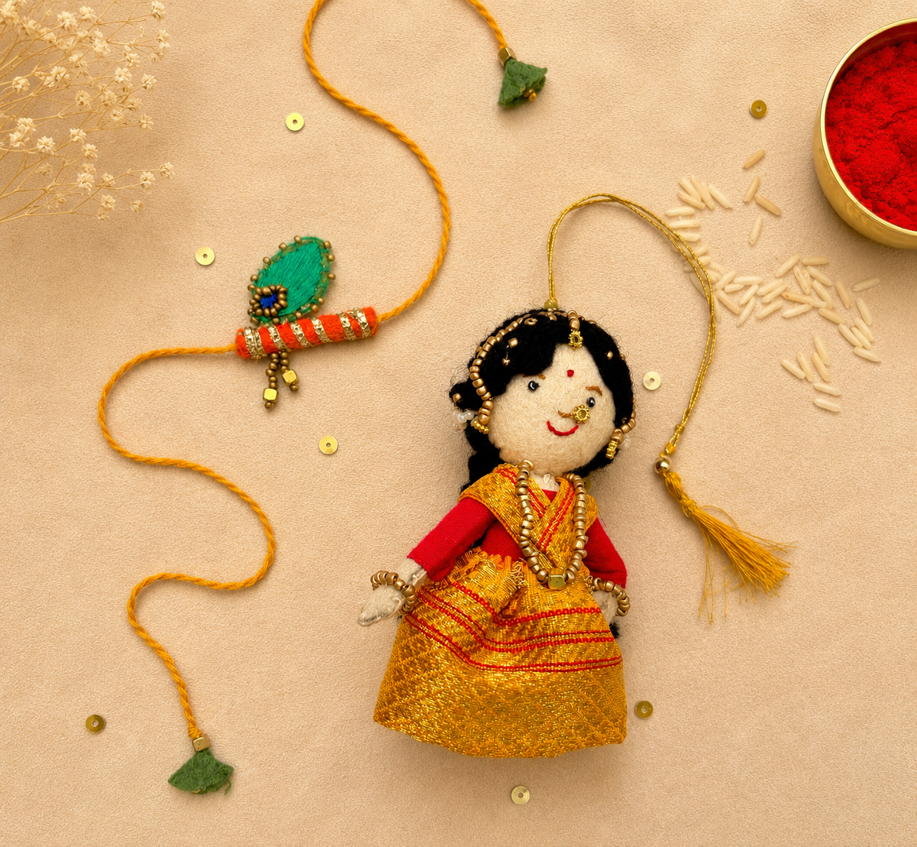 Radha Bansuri Rakhi Lumba Set (Set of 2)- Yellow-Orange