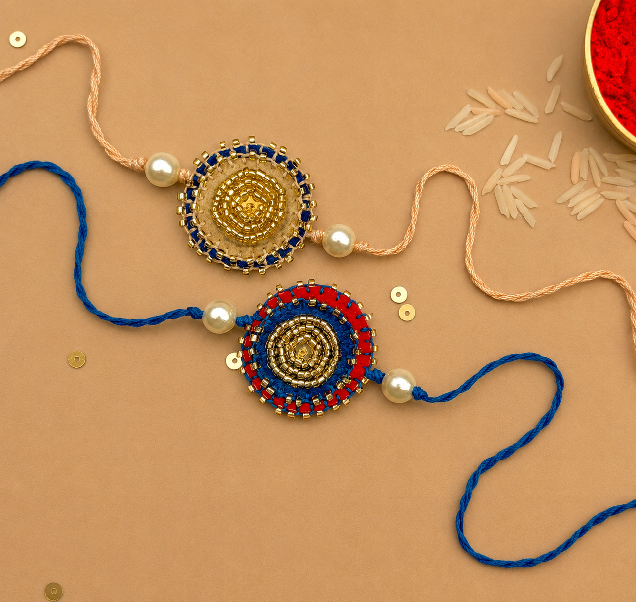 Hand embroidered Sitara Mandal Rakhi (Set of 2)- Maroon Blue-Beige