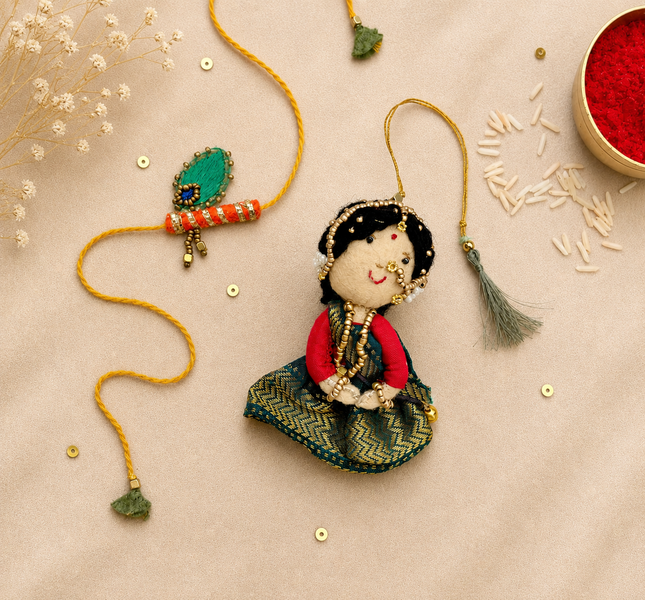 Radha Bansuri Rakhi Lumba Set (Set of 2)- Green-Orange