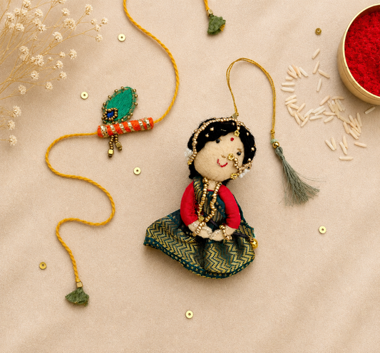 Radha Bansuri Rakhi Lumba Set (Set of 2)- Green-Orange