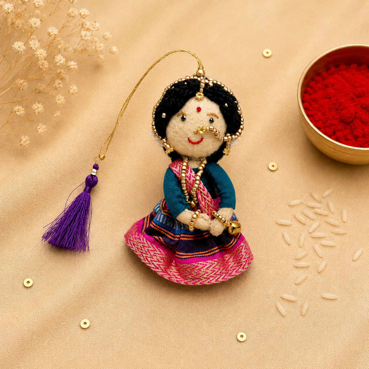 Radha Bansuri Rakhi Lumba Set (Set of 2)- Pink-Orange