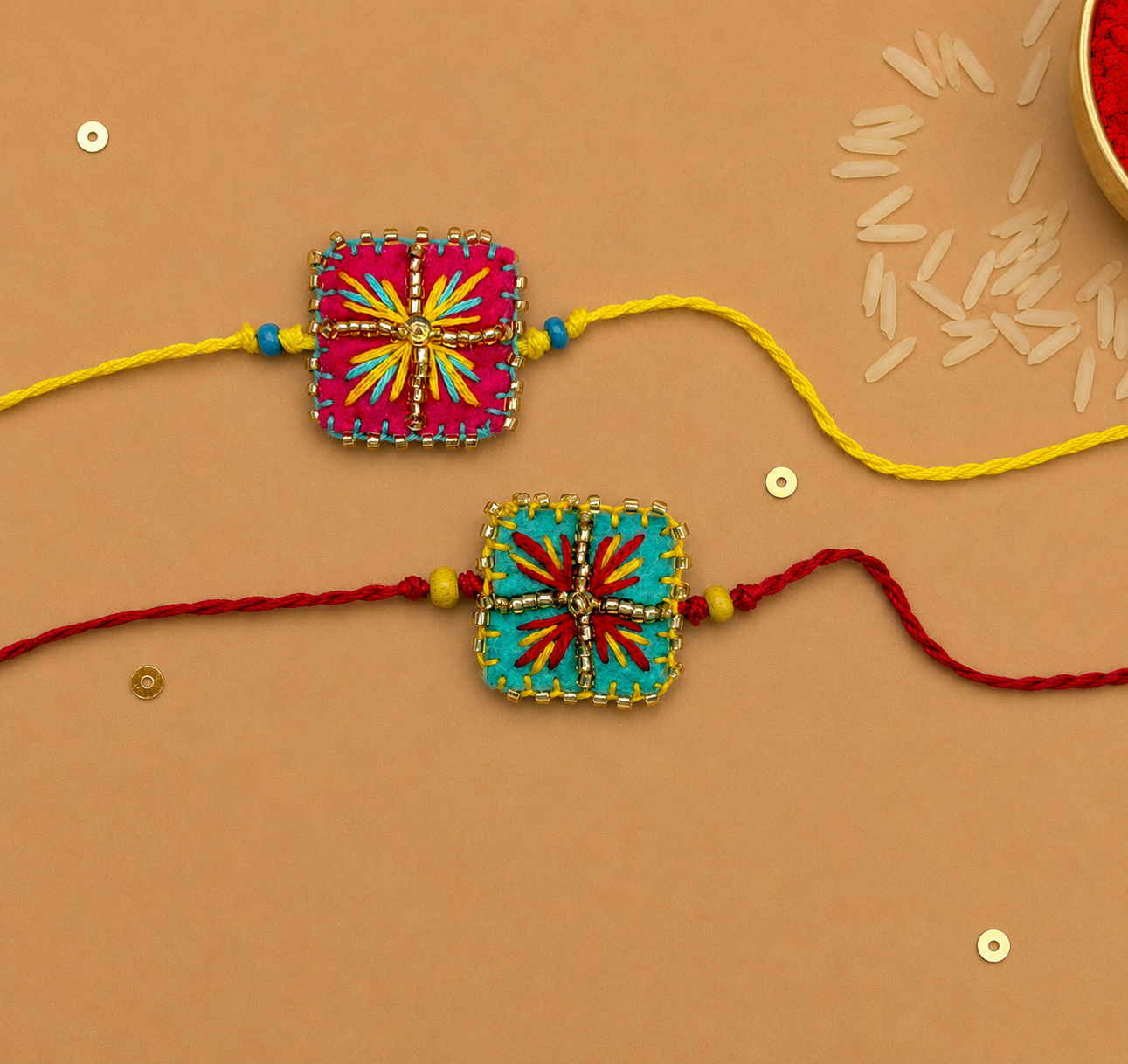 Hand embroidered Chowk Rakhi (Set of 2)- Sea Green-Pink