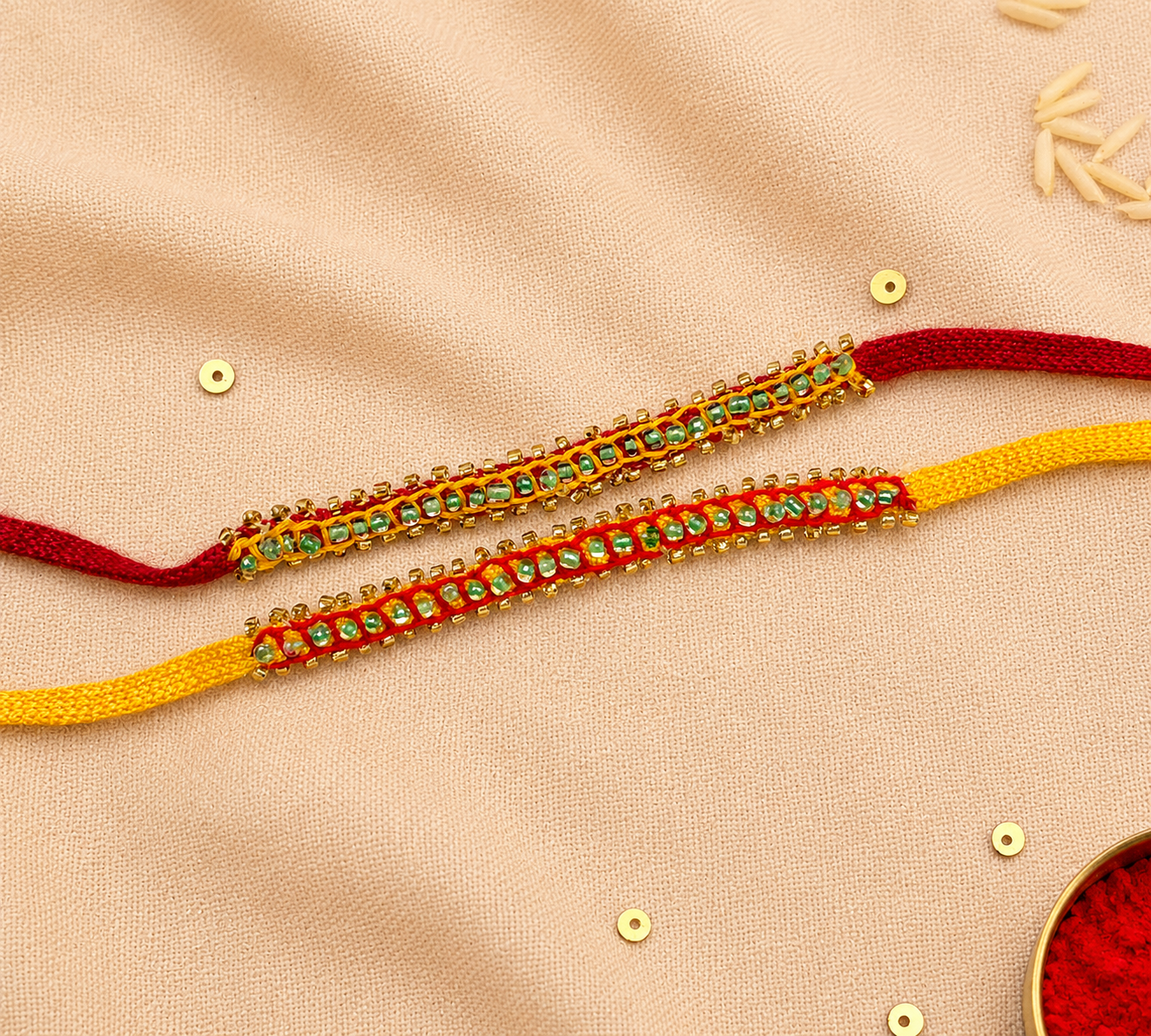 Hand embroidered Beaded Chain Rakhi (Set of 2)- Yellow-Red