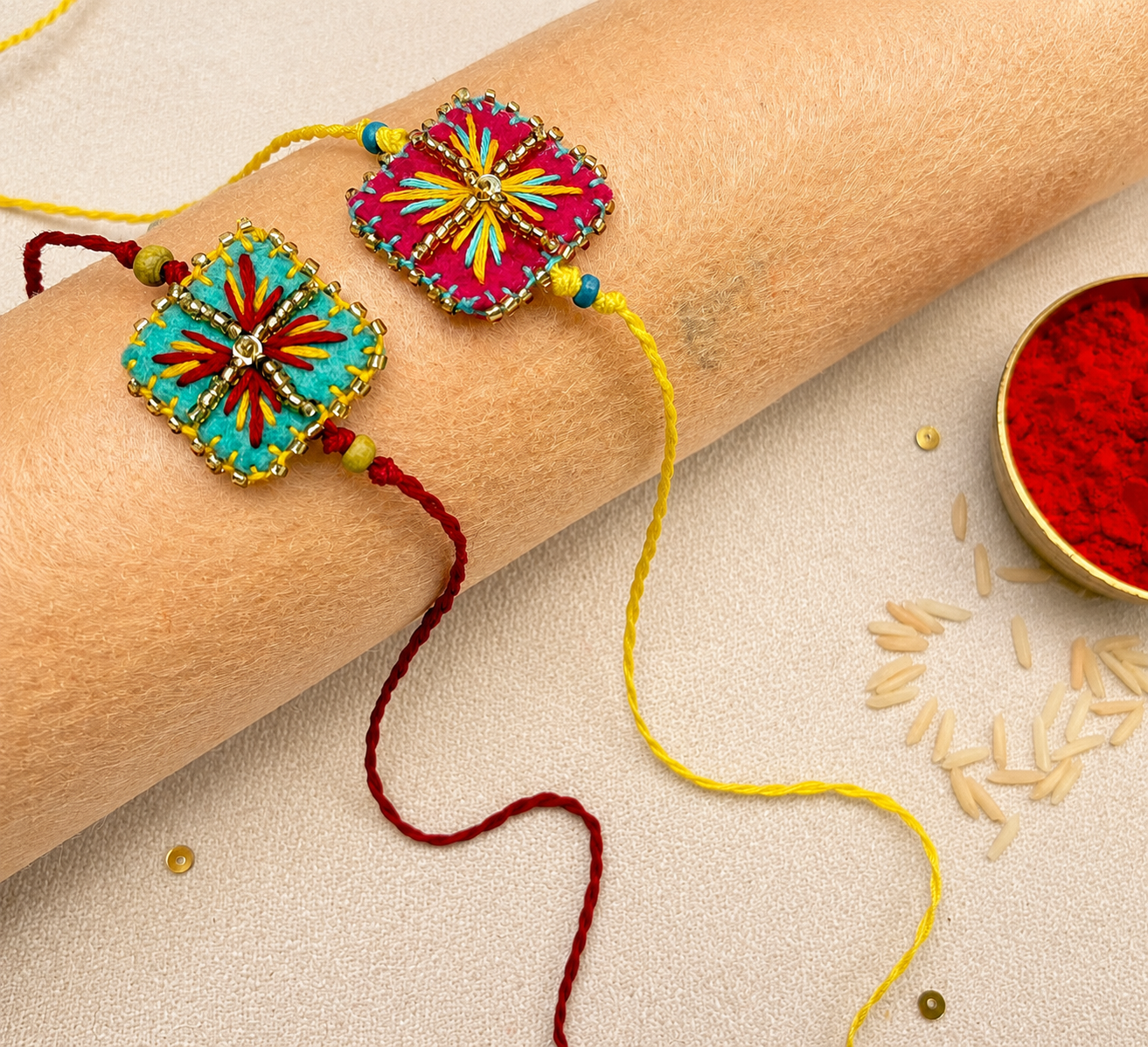 Hand embroidered Chowk Rakhi (Set of 2)- Sea Green-Pink