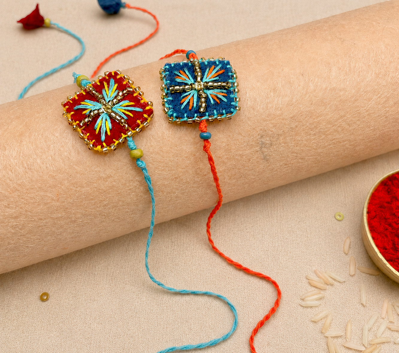 Hand embroidered Chowk Rakhi (Set of 2)- Blue-Red