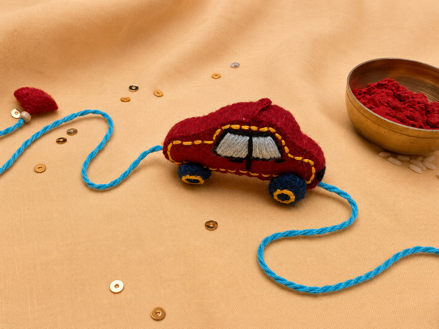 Hand embroidered Car Rakhi-Red