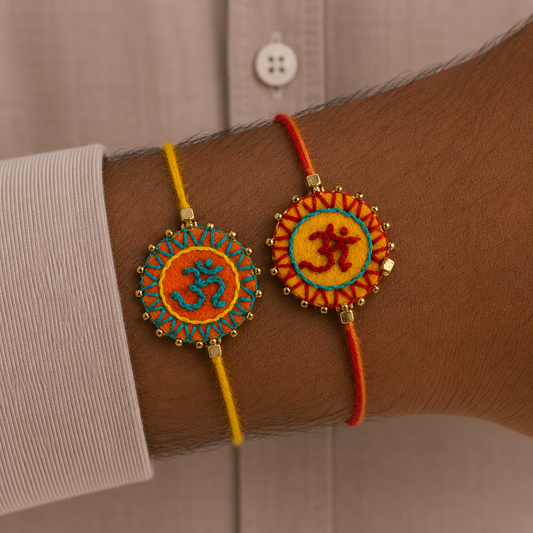Hand embroidered Aum Mandala Rakhi (Set of 2) Orange-Yellow