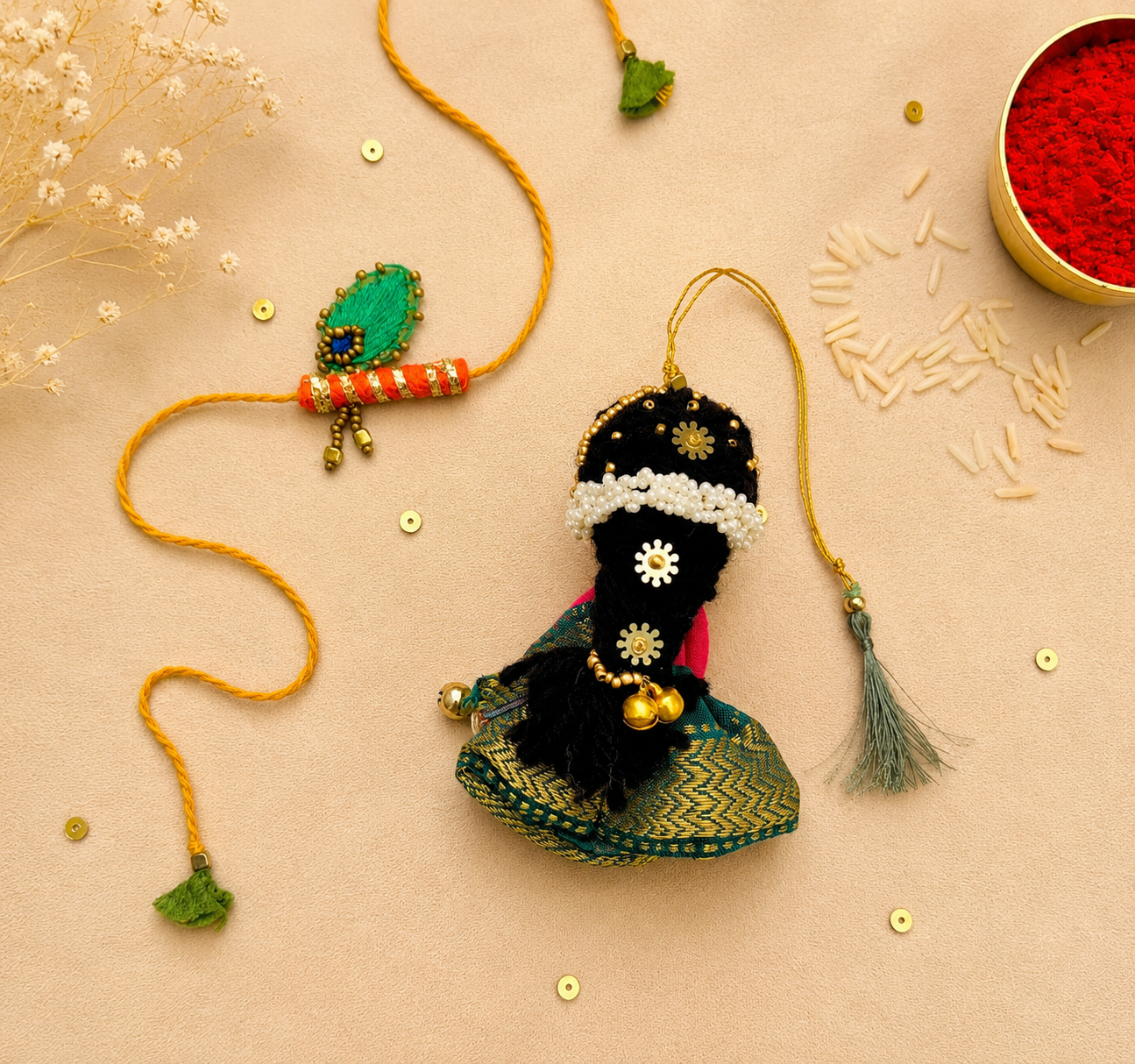 Radha Bansuri Rakhi Lumba Set (Set of 2)- Green-Orange