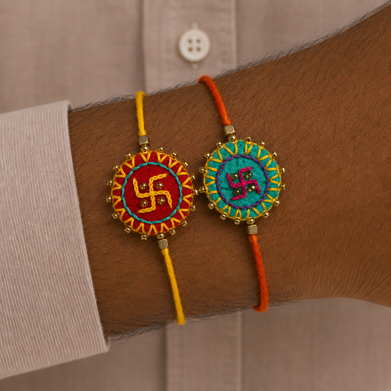 Hand embroidered Swastika Mandala Rakhi (Set of 2) Red-Sea Green