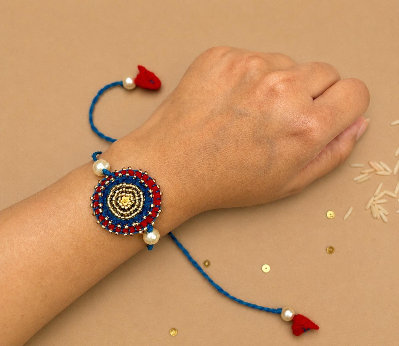 Hand embroidered Sitara Mandal Rakhi (Set of 2)- Maroon Blue-Beige