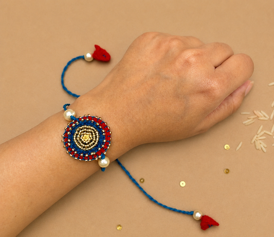 Hand embroidered Sitara Mandal Rakhi (Set of 2)- Maroon Blue-Beige