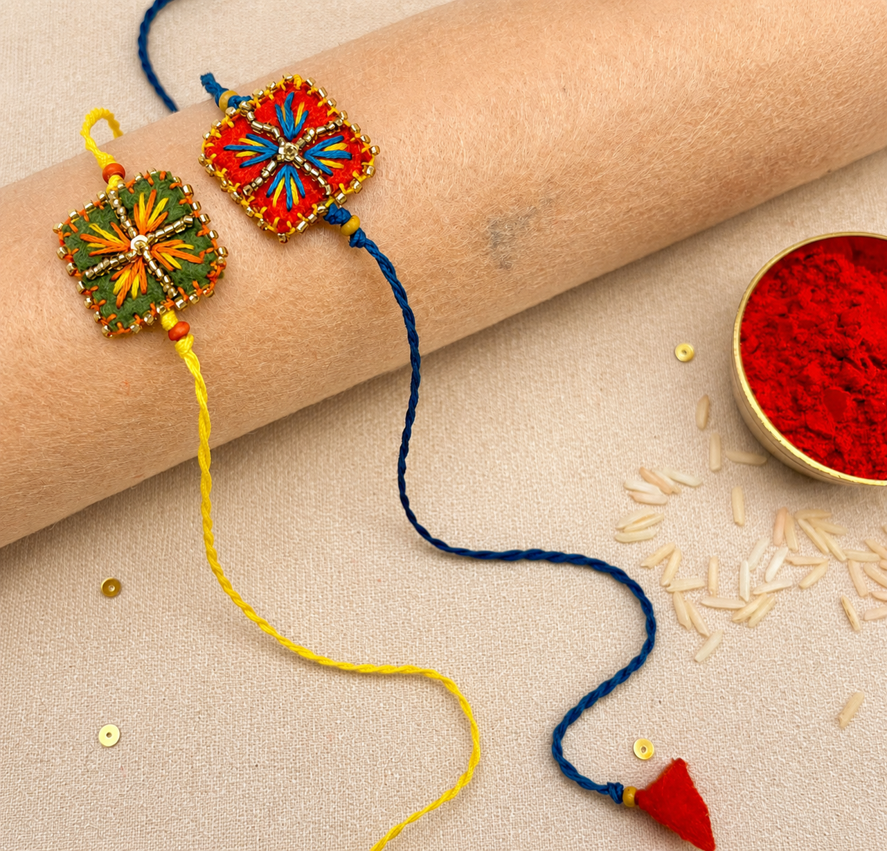 Hand embroidered Chowk Rakhi (Set of 2)- Green-Orange