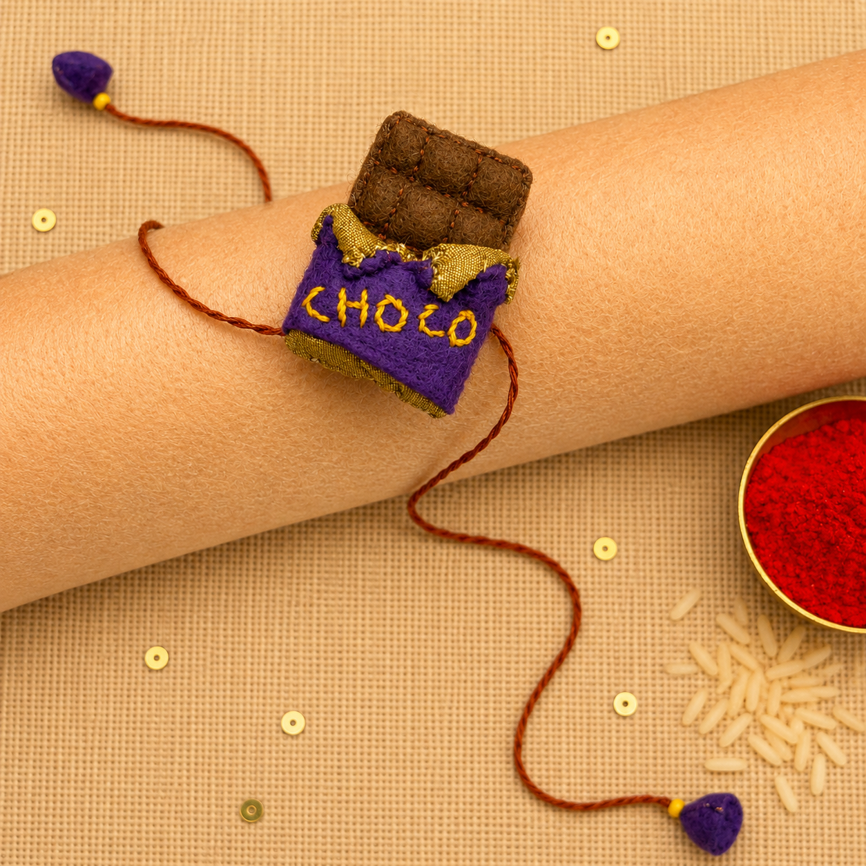 Hand embroidered Chocolate Rakhi- Purple