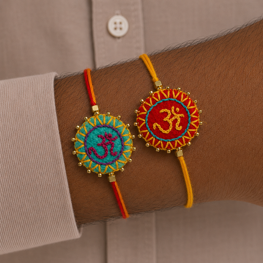 Hand embroidered Aum Mandala Rakhi (Set of 2) Sea Green-Red