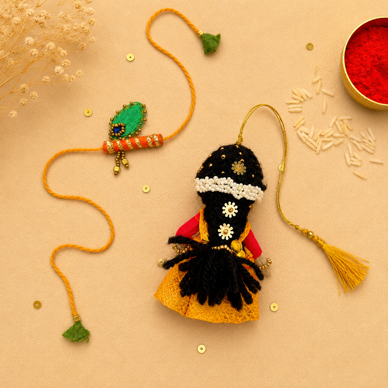 Radha Bansuri Rakhi Lumba Set (Set of 2)- Yellow-Orange