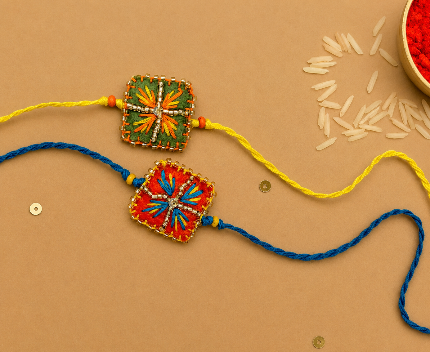 Hand embroidered Chowk Rakhi (Set of 2)- Green-Orange