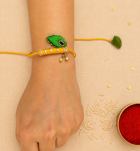 Hand embroidered Bansuri Rakhi-Yellow