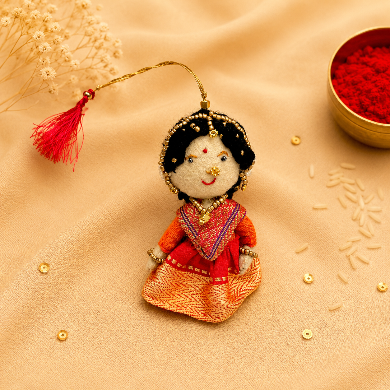 Radha Bansuri Rakhi Lumba Set (Set of 2)-Red-Orange