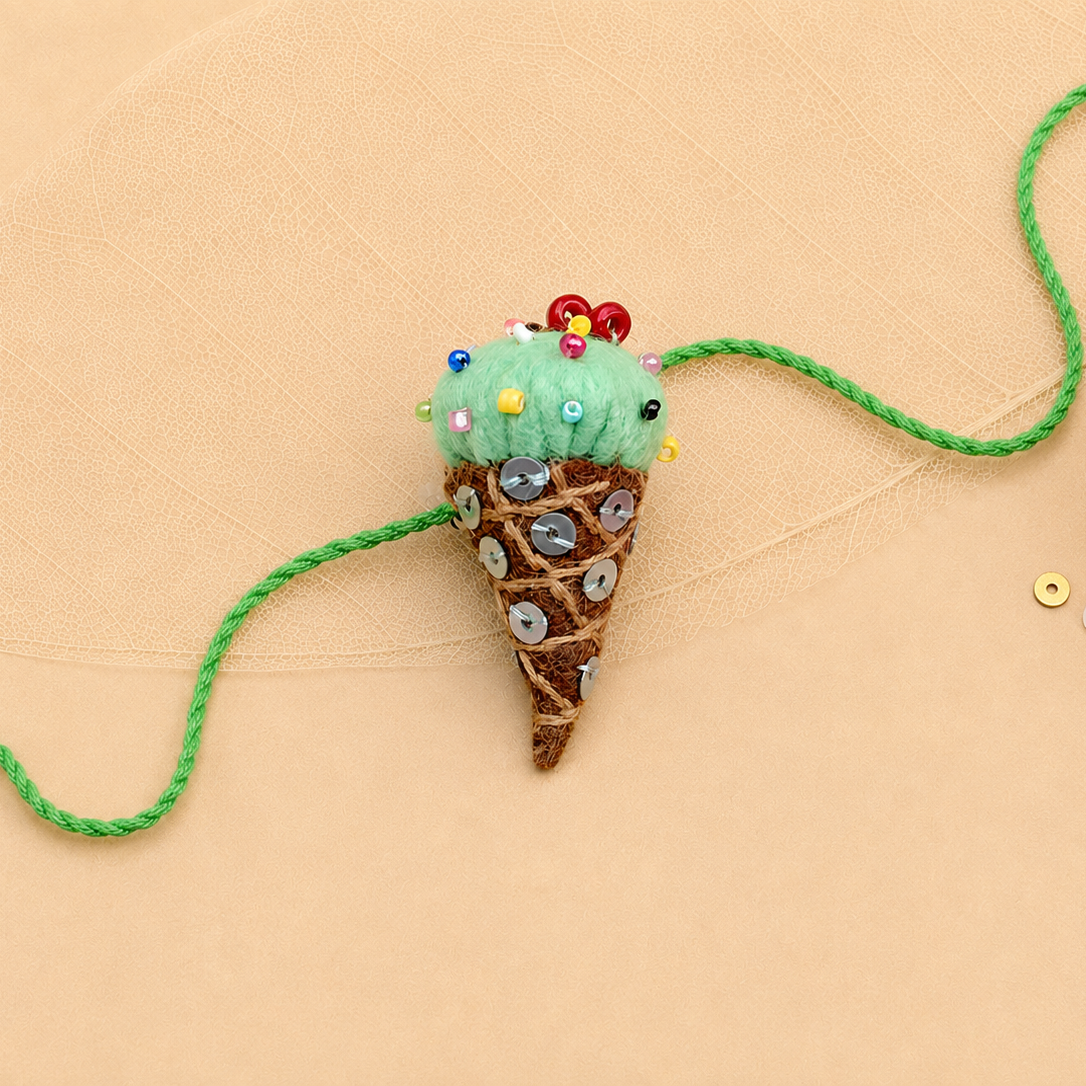 Hand embroidered Ice-Cream Rakhi-Pista Green
