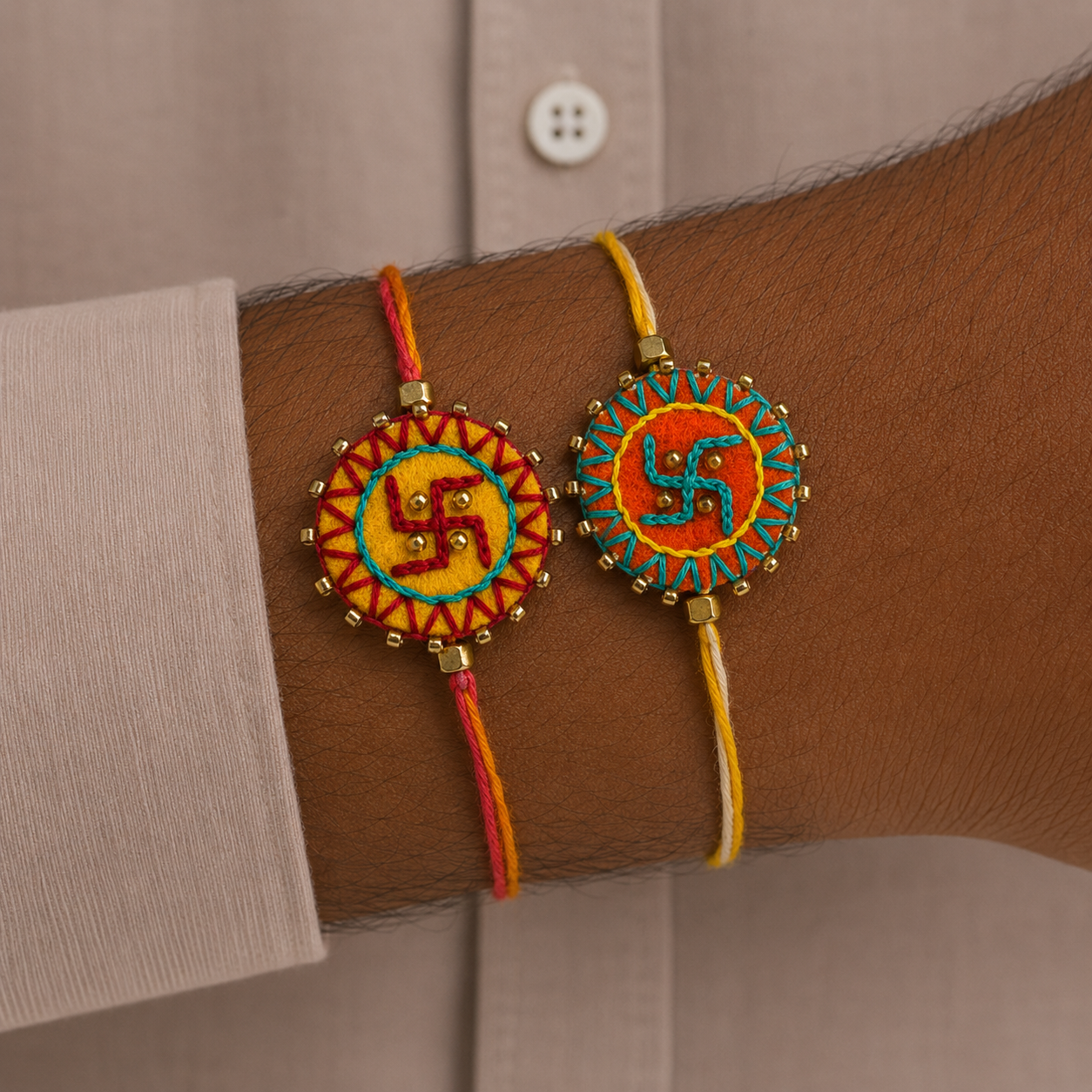 Hand embroidered Swastika Mandala Rakhi (Set of 2) Yellow-Orange