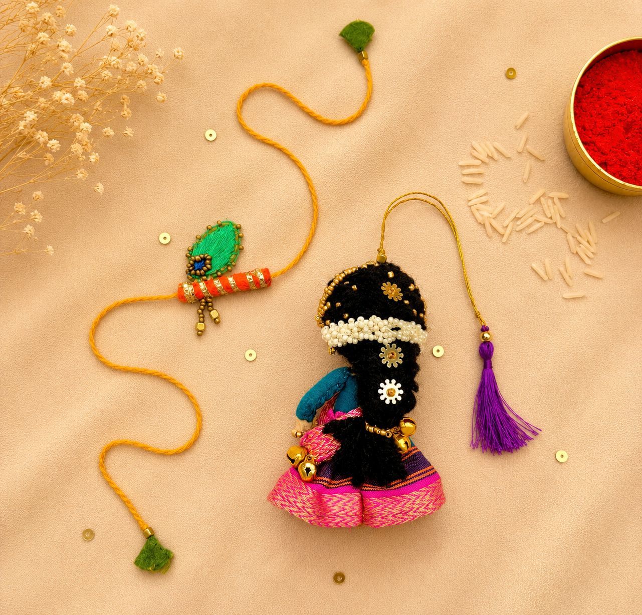 Radha Bansuri Rakhi Lumba Set (Set of 2)- Pink-Orange