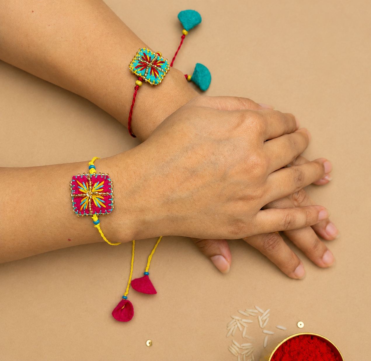 Hand embroidered Chowk Rakhi (Set of 2)- Sea Green-Pink