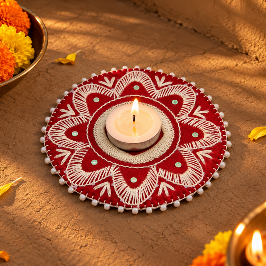 Hand Embroidered Aipan Phulwari Diya Holder (pair)
