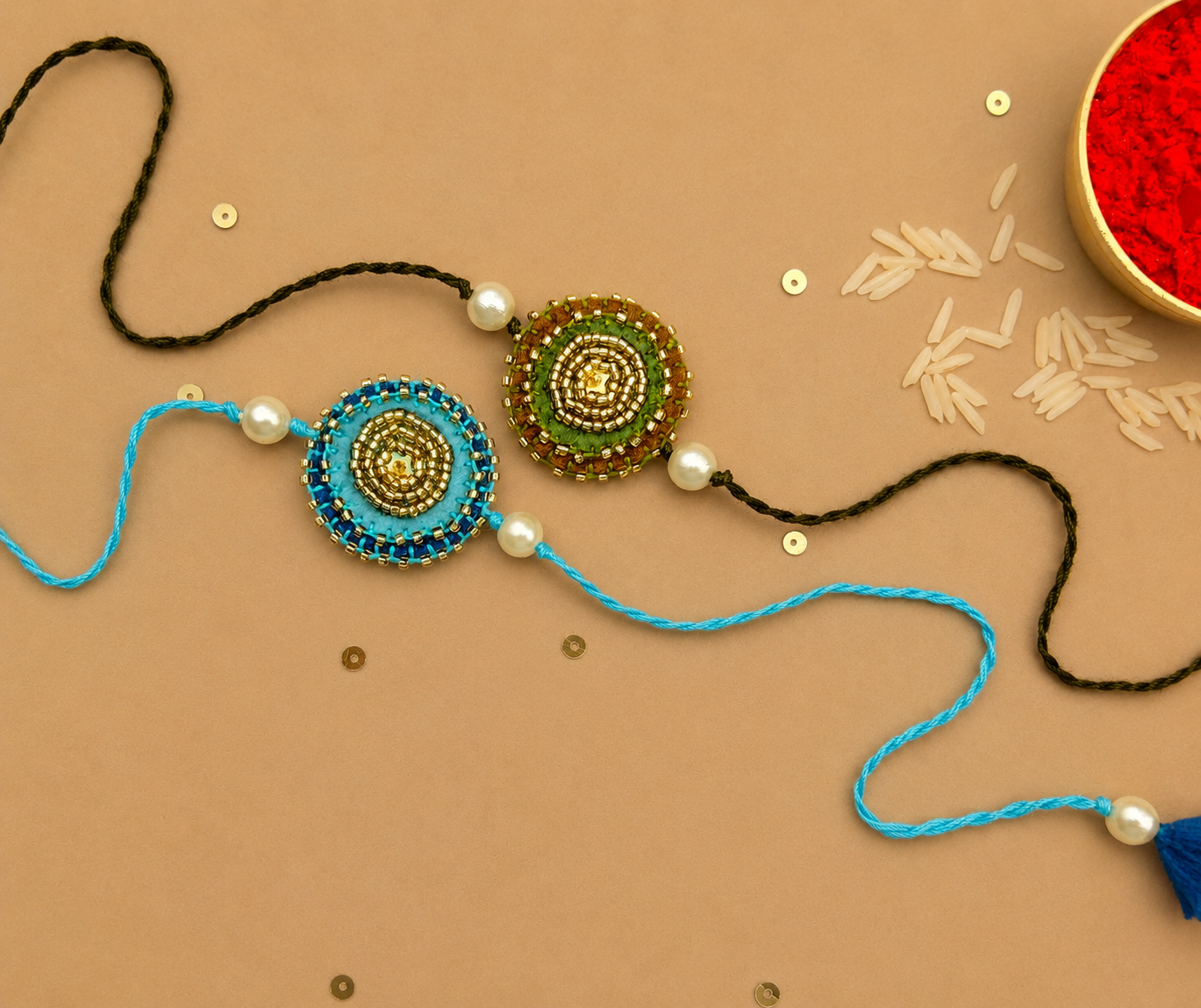Hand embroidered Sitara Mandal Rakhi (Set of 2)- Blue-Green