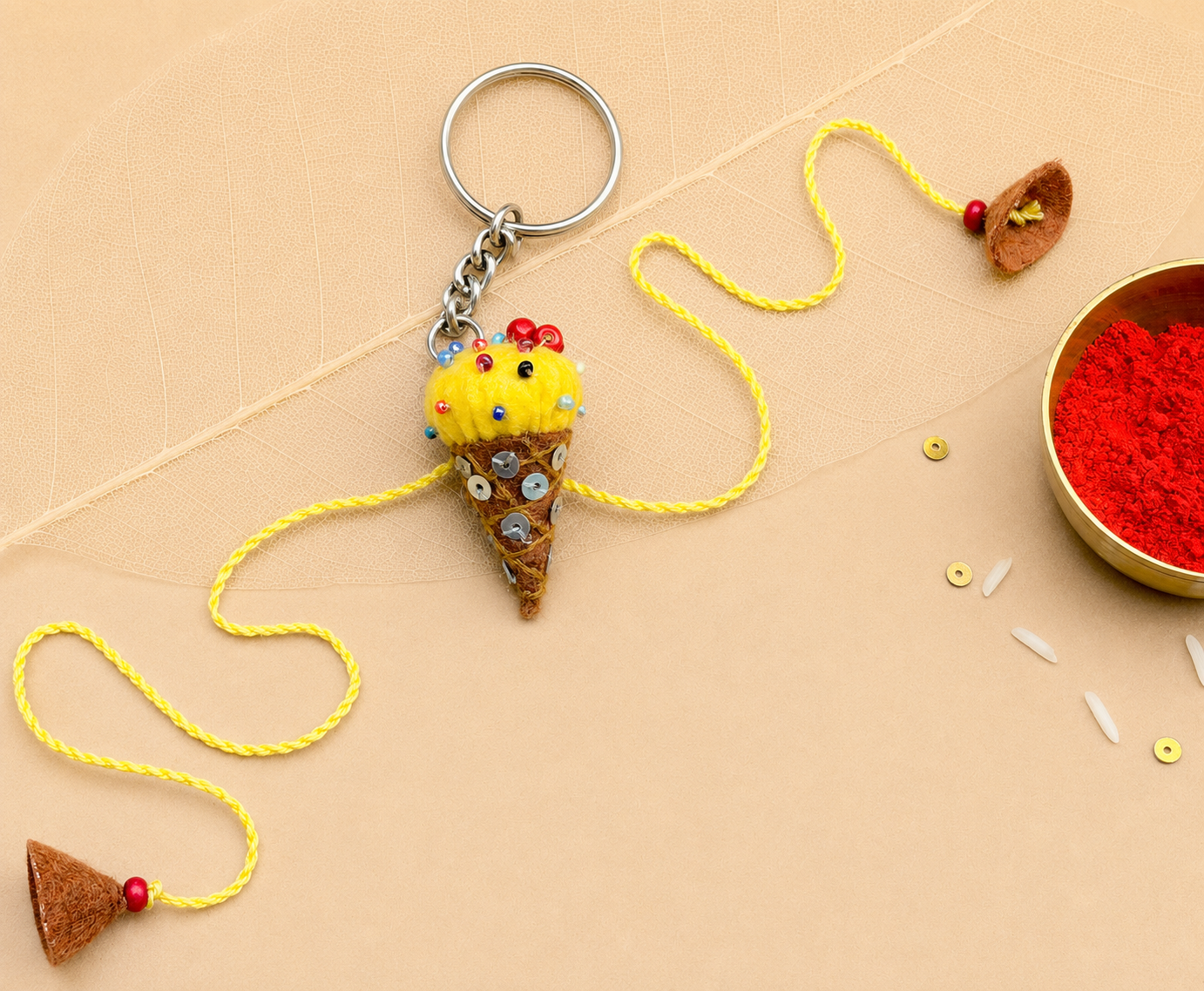 Hand embroidered Ice-Cream Rakhi-Yellow