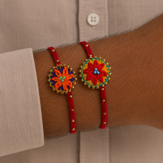 Hand embroidered Flower daisy Rakhi (Set of 2) Red-Orange