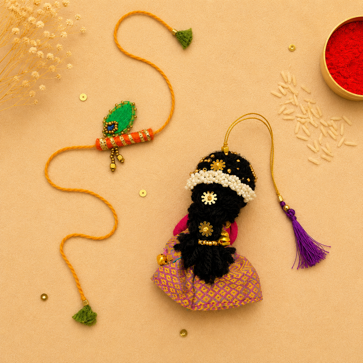 Radha Bansuri Rakhi Lumba Set (Set of 2)- Purple-Orange