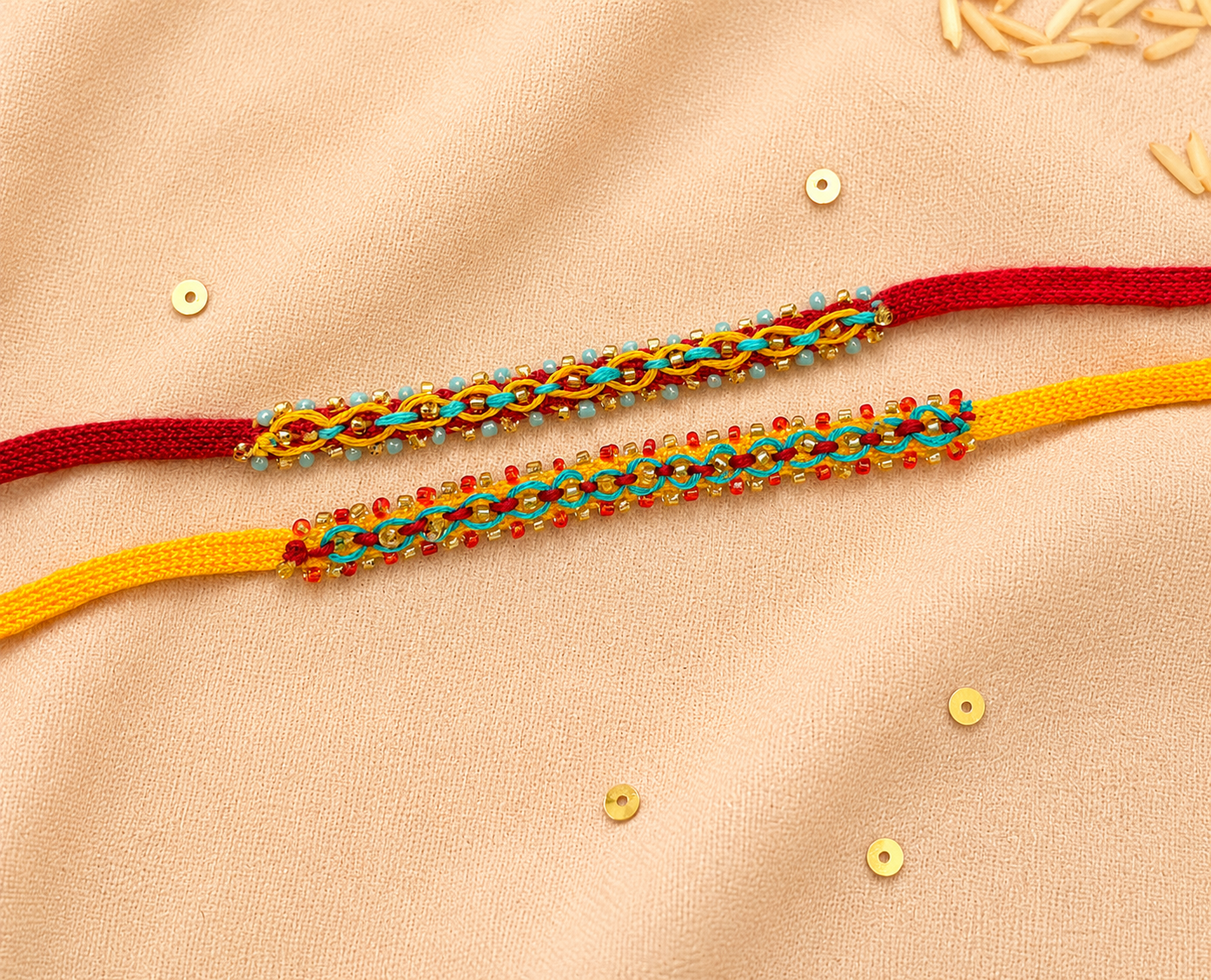 Hand embroidered Double Leheriya Rakhi (Set of 2)- Yellow-Blue