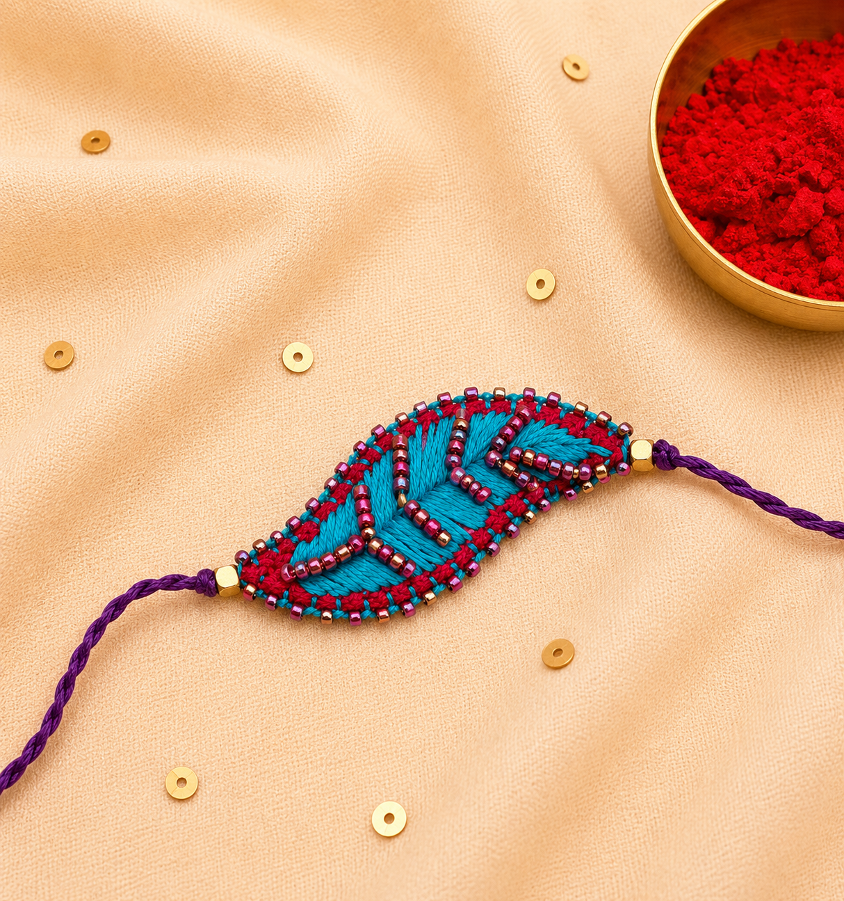 Hand embroidered Leaf Ornamental Rakhi (Turquoise)