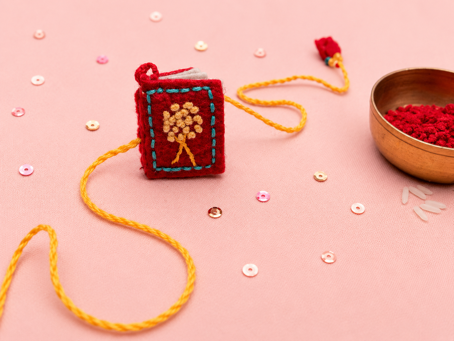 Hand embroidered Book Rakhi-Red