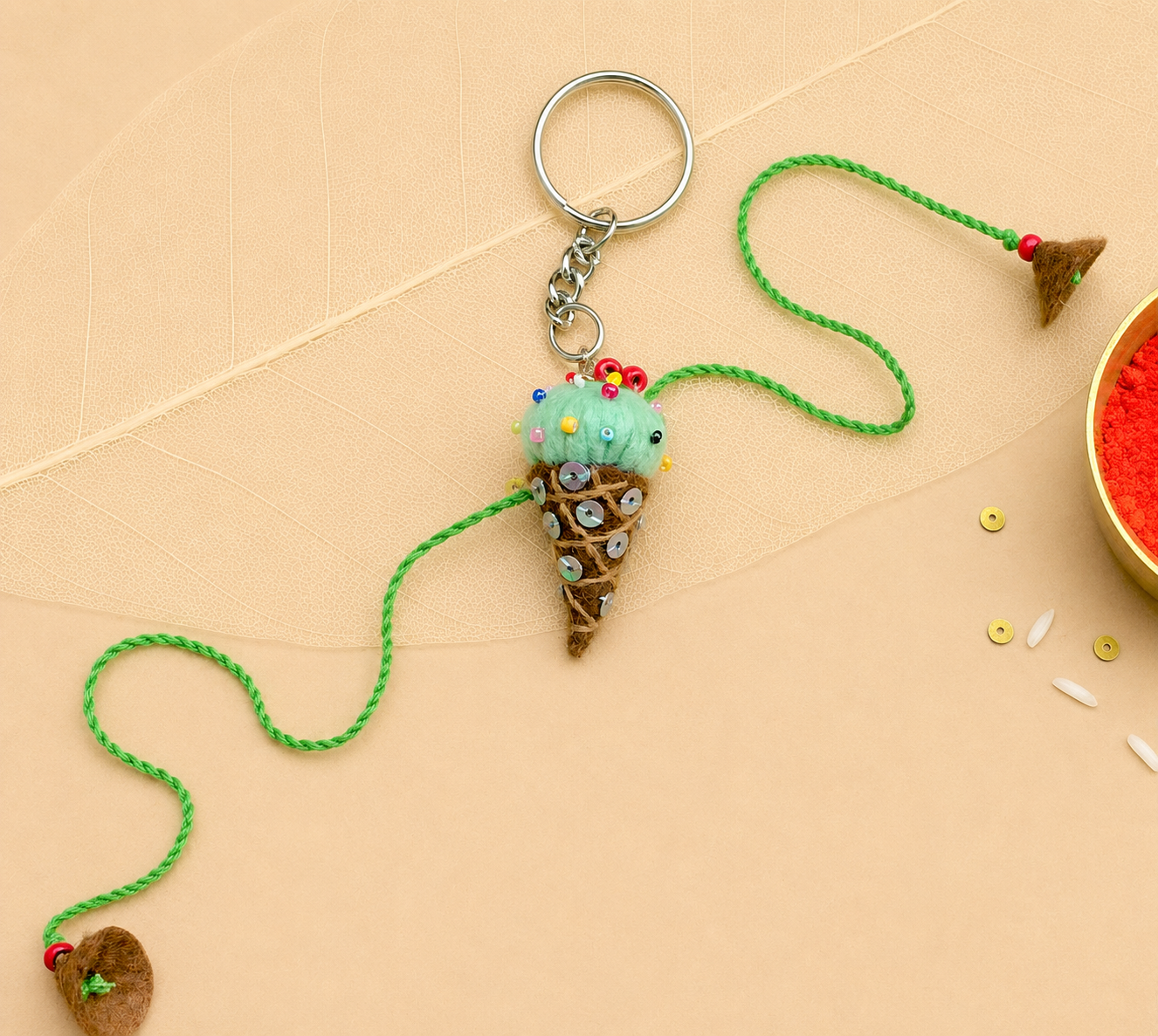 Hand embroidered Ice-Cream Rakhi-Pista Green