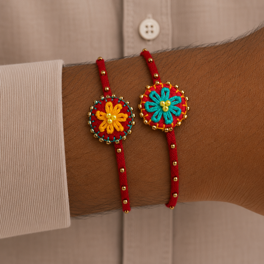 Hand embroidered Flower daisy Rakhi (Set of 2) Yellow-Blue