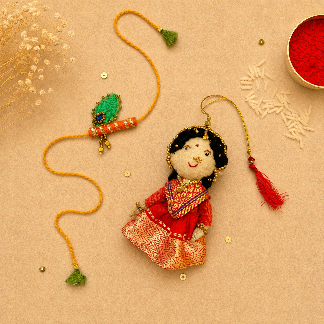 Radha Bansuri Rakhi Lumba Set (Set of 2)-Red-Orange
