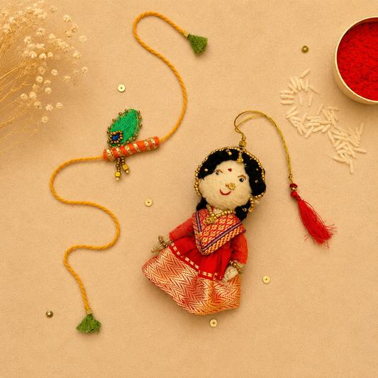 Radha Bansuri Rakhi Lumba Set (Set of 2)-Red-Orange