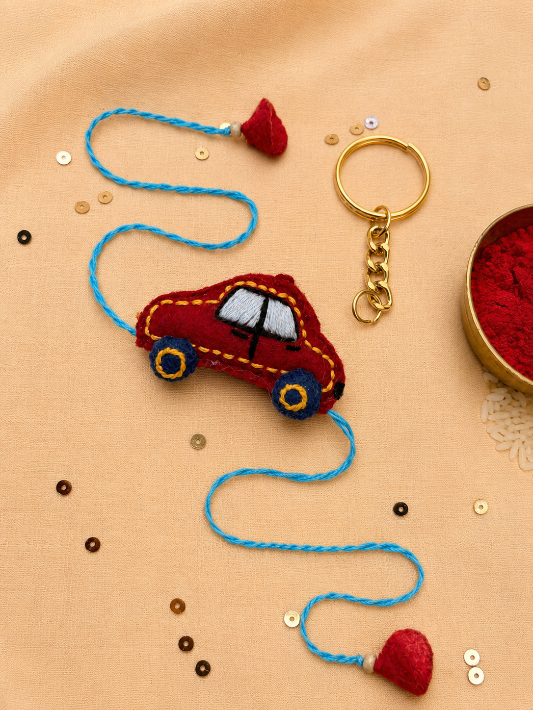 Hand embroidered Car Rakhi-Red