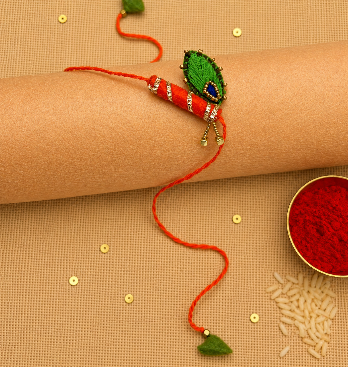 Hand embroidered Bansuri Rakhi-Orange