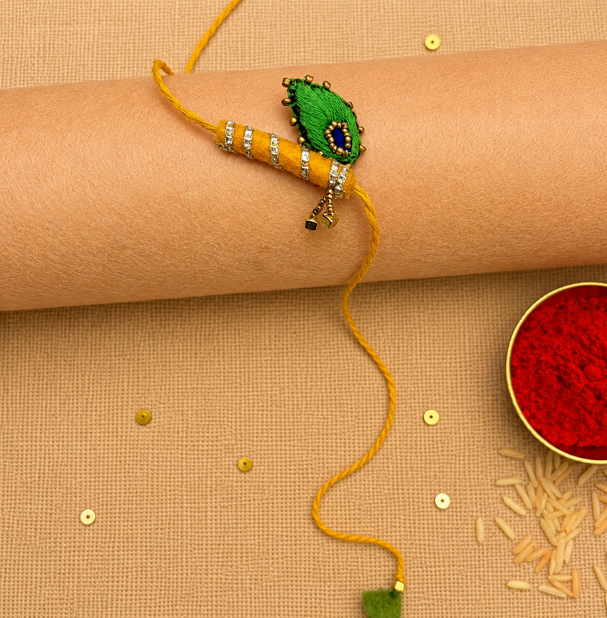 Hand embroidered Bansuri Rakhi-Yellow